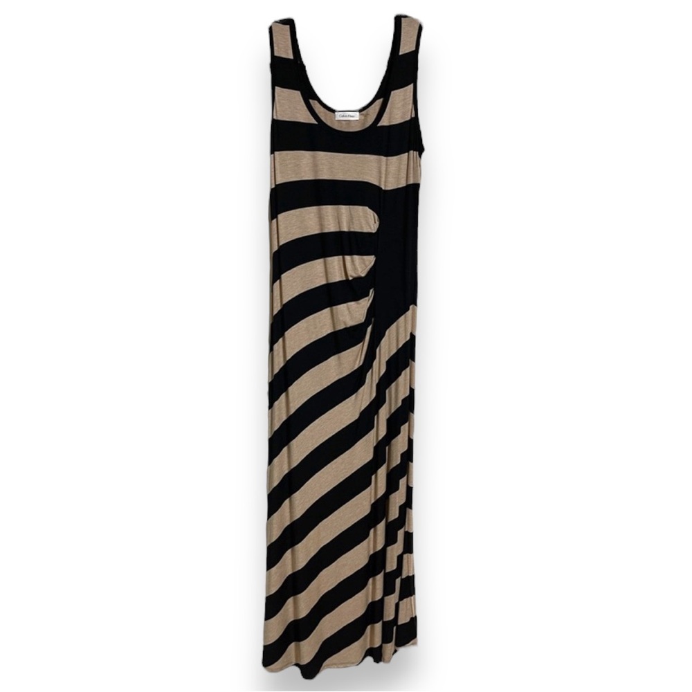 NWOT Calvin Klein Striped Black and Beige Sleeveless Maxi Dress, Size 12